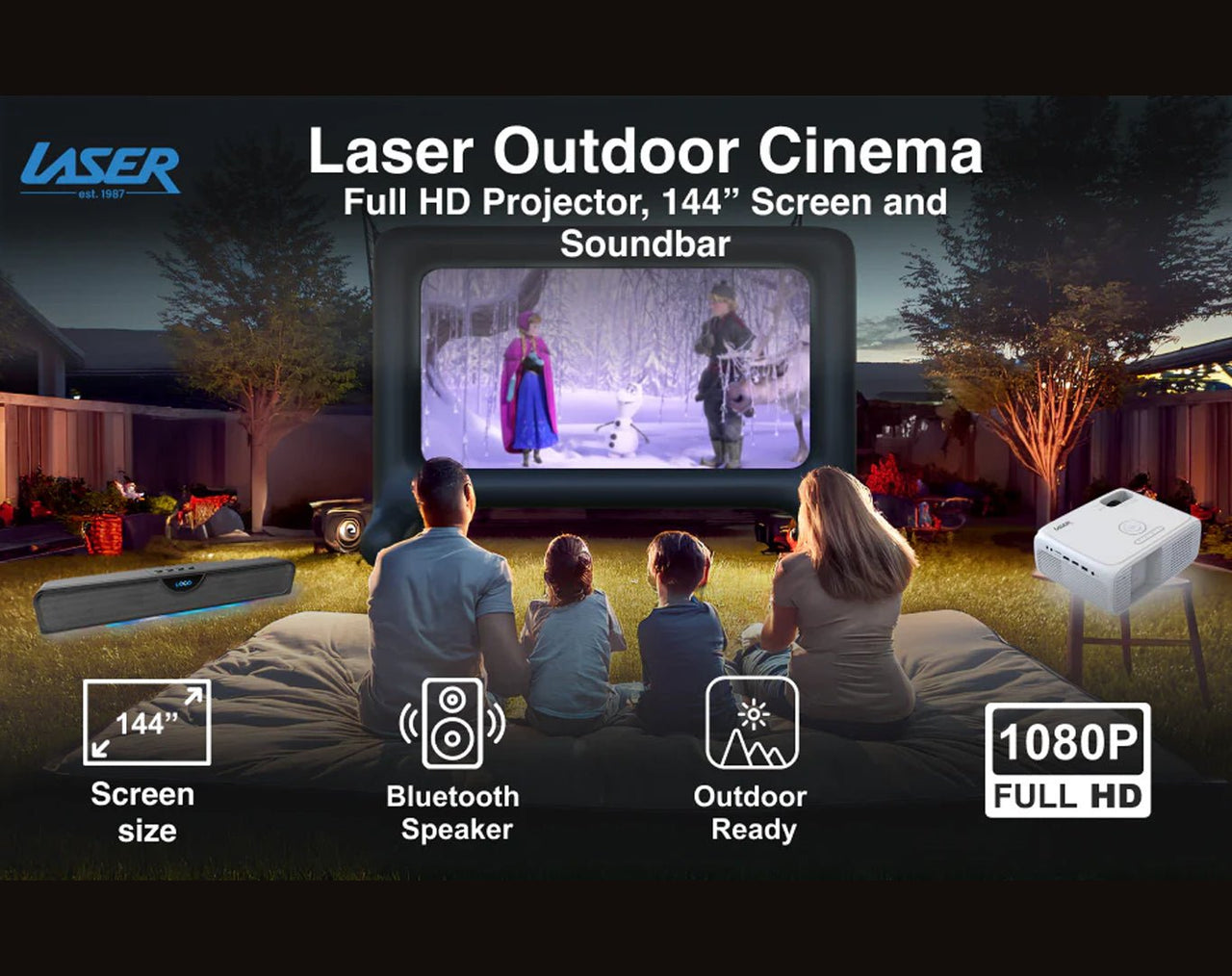 LASER *REFURBISHED* Outdoor Cinema: Full HD Projector, 144" Screen & Soundbar