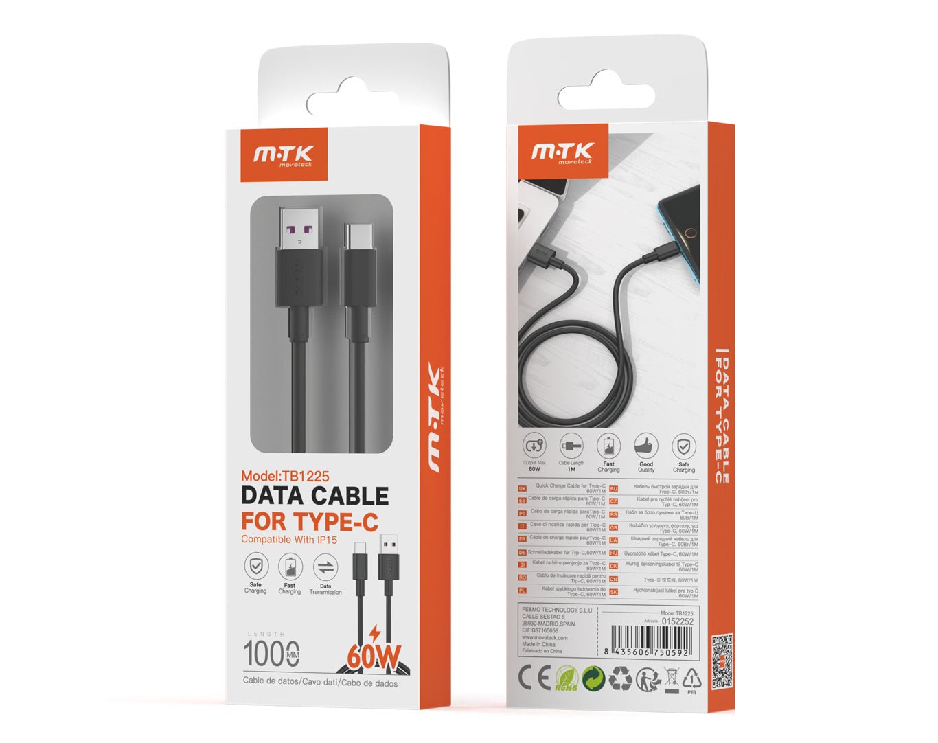 Moveteck 60W Type-C to USB2.0 Data Cable 1m 5a White Black TB1225