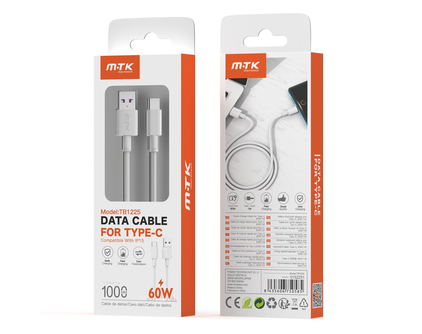 Moveteck 60W Type-C to USB2.0 Data Cable 1m 5a White Black TB1225