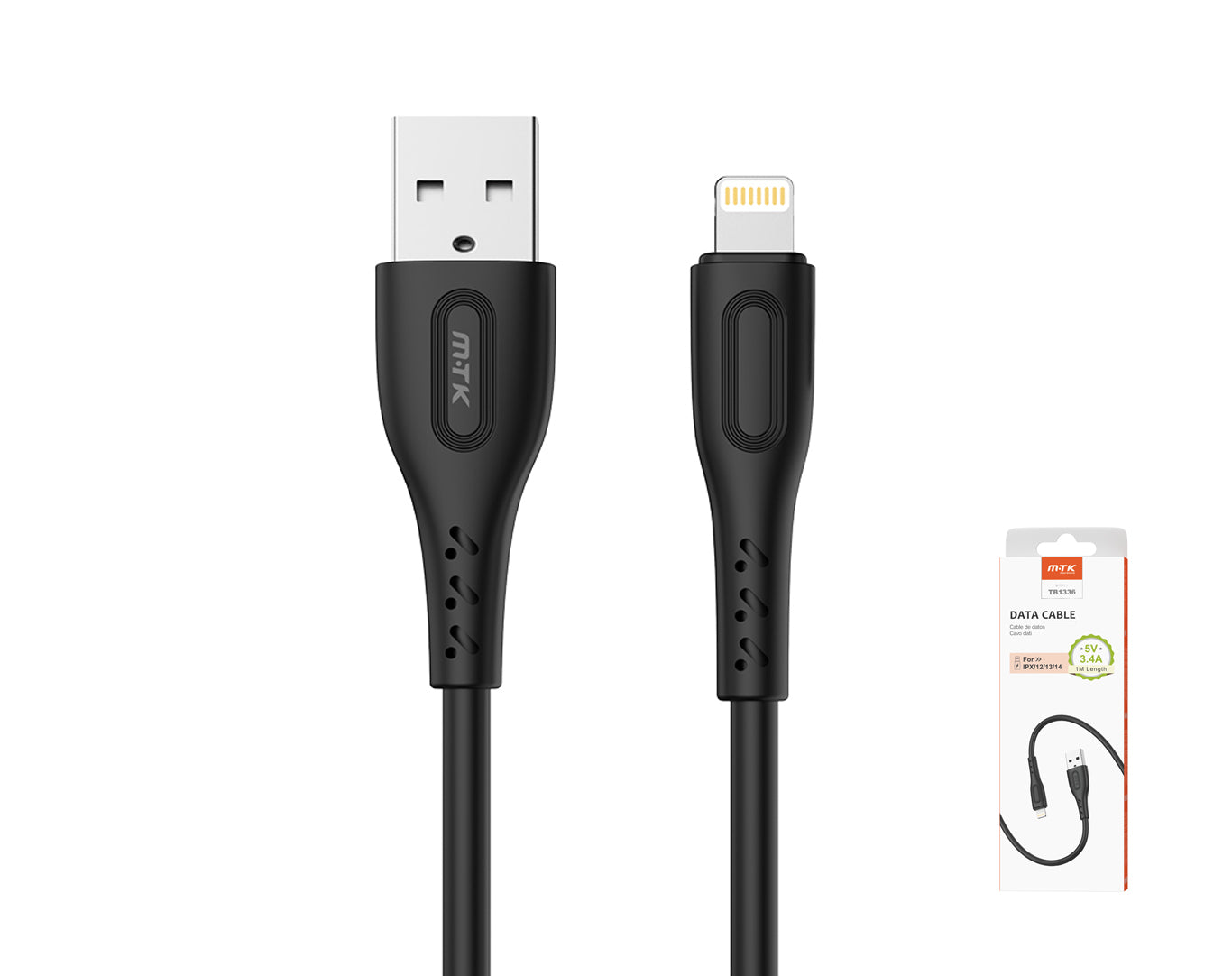 Moveteck 1m Lightning Data Cable 5V 3.4a IPX / 12 / 13 / 14 USB2.0 TB1336 Black